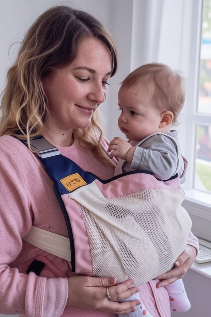 Woman holding a baby in a carrier 